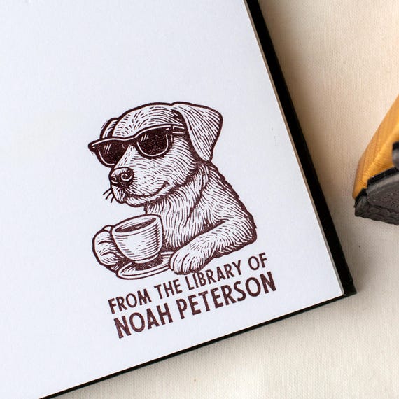 Custom Dog Drinking Coffee Book Stamp • Ex Libris Rubber Stamp • Dog Lover Gift Idea • Cute Dog in Sunglasses Library Stamp • Bookish Gifts