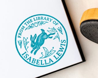 Custom Ex-Libris Leaping Rabbit Book Stamp, Rabbit Bookplate, Personal Library Wood Mounted Rubber Stamp, Bunny Stamps, Bookworm Gift Ideas