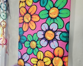 Shiny Flowers Original Painting, Acrylic Painting on Stretched Canvas, 18"x24", Trippy Wall Decor, Hand-painted
