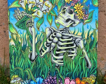 Eternal Spring Acrylic Painting, 12x16 Inches, Skeleton and Flowers, Spring Painting