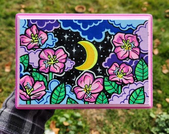 Evening Primroses, Wooden Canvas, 5x7, Acrylic Painting, Moon and Flowers