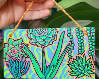 Tropicals and Succulents, Two-Sided Mini Painting, Neon Acrylic Painting, 3.5x6, Hand-Braided String, for Wall Decor