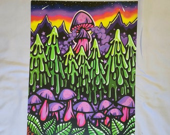 Mushroom Clouds Art Print, Trippy Forest Design for Wall Decor