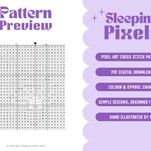 May include: A black and white pixel art pattern preview for cross stitch. The pattern is a simple design, beginner friendly, and includes color and symbol charts. The pattern is available as a digital download.