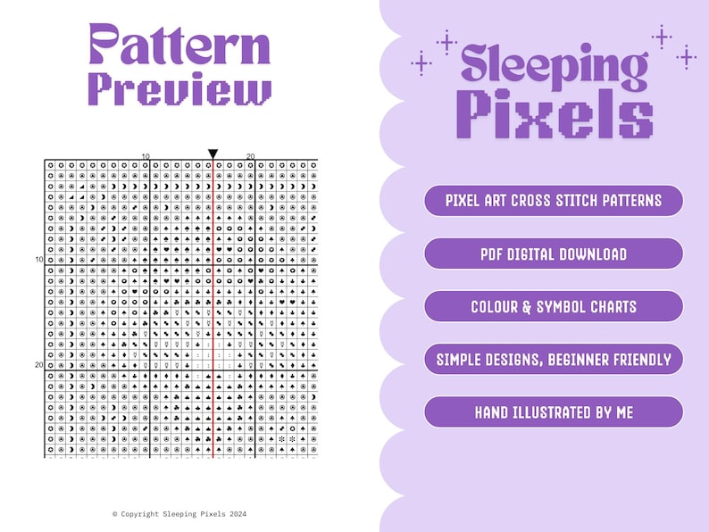 May include: A black and white pixel art pattern preview for cross stitch. The pattern is a simple design, beginner friendly, and includes color and symbol charts. The pattern is available as a digital download.