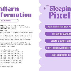 May include: A purple and white digital download pattern for cross stitch. The pattern is for a pixel art design and includes color and symbol charts. The text "Sleeping Pixels" is in a pixelated font. The text "Pixel Art Cross Stitch Patterns", "PDF Digital Download", "Color & Symbol Charts", "Simple Designs, Beginner Friendly", and "Hand Illustrated By Me" is also included.