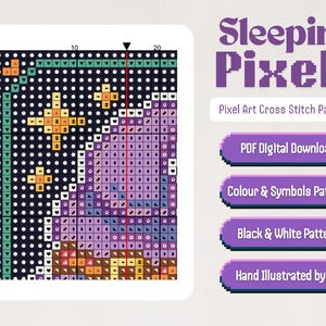 May include: A pixel art cross stitch pattern of a sleeping cat with stars in the background. The pattern is available as a digital download in color and black and white.