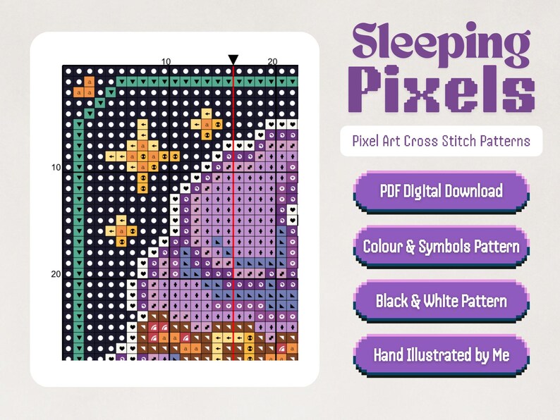 May include: A pixel art cross stitch pattern of a sleeping cat with stars in the background. The pattern is available as a digital download in color and black and white.