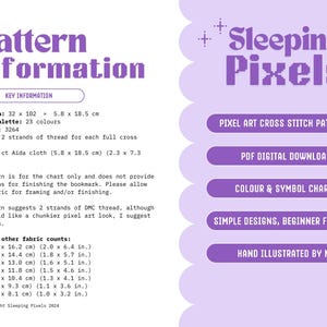 May include: A purple and white digital download pattern for a cross stitch bookmark. The pattern is for a pixel art design and includes a color and symbol chart. The pattern is 5.8 inches by 18.5 inches and uses 23 colors.