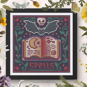 Le livre des sorts, motif point de croix, pixel art sorcière (téléchargement numérique)