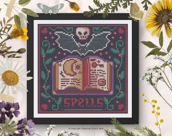 Book of Spells Cross Stitch Pattern, Witch Pixel Art (Digital Download)