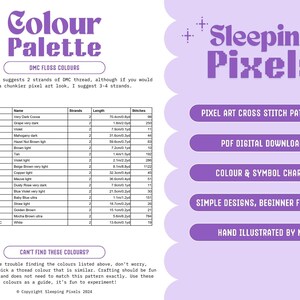 May include: A color palette chart with DMC floss colors and stitch counts for a pixel art cross stitch pattern. The chart includes a variety of colors, including dark cocoa, violet, brown, tan, copper, dusty rose, blue violet, and golden brown. The chart also includes the text "Sleeping Pixels" and "Pixel Art Cross Stitch Patterns".