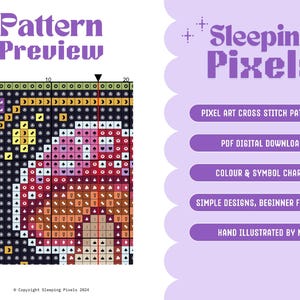 May include: A pixel art cross stitch pattern preview of a colorful design. The pattern is available as a digital download and includes color and symbol charts. The design is simple and beginner friendly, and was hand illustrated.