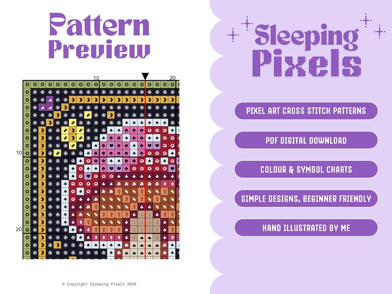 May include: A pixel art cross stitch pattern preview of a colorful design. The pattern is available as a digital download and includes color and symbol charts. The design is simple and beginner friendly, and was hand illustrated.