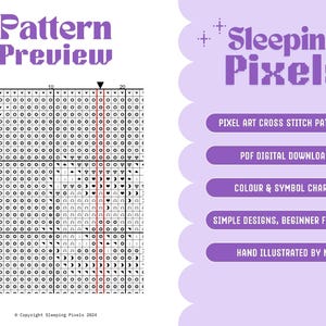 May include: A black and white pixel art pattern preview for cross stitch. The pattern is a simple design of a sleeping cat. The image includes the text "Pattern Preview" and "Sleeping Pixels".