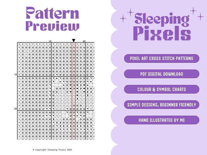 May include: A black and white pixel art pattern preview for cross stitch. The pattern is a simple design of a sleeping cat. The image includes the text "Pattern Preview" and "Sleeping Pixels".