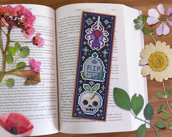 Graveyard Bookmark Cross Stitch Pattern, Spooky Halloween (PDF Pattern)