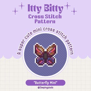 Puede incluir: Un patrón de punto de cruz con una mariposa morada con detalles marrones y rosados. El patrón se titula "Butterfly Mini" y es de @Sleepingpixels.