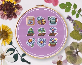 Daisy Cross Stitch Pattern, Gardening Pixel Art (PDF Pattern)
