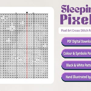 May include: Black and white pixel art cross stitch pattern of a sleeping cat. The pattern is on a white background with a grid overlay. The text "Sleeping Pixels" is in purple text at the top of the image. The text "Pixel Art Cross Stitch Patterns" is in smaller purple text below the title. There are four purple buttons with white text that say "PDF Digital Download", "Colour & Symbols Pattern", "Black & White Pattern", and "Hand Illustrated by Me".
