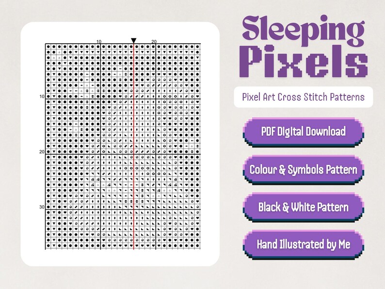 May include: Black and white pixel art cross stitch pattern of a sleeping cat. The pattern is on a white background with a grid overlay. The text "Sleeping Pixels" is in purple text at the top of the image. The text "Pixel Art Cross Stitch Patterns" is in smaller purple text below the title. There are four purple buttons with white text that say "PDF Digital Download", "Colour & Symbols Pattern", "Black & White Pattern", and "Hand Illustrated by Me".