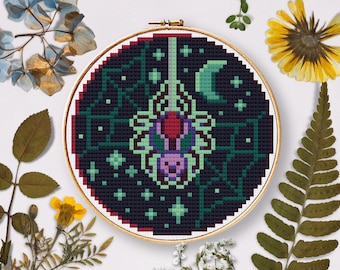 Spider Glow Cross Stitch Pattern, Halloween Spooky Art (PDF Pattern)