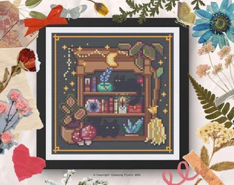 Witch Cross Stitch Pattern, Pixel Art Bookshelf (PDF Pattern)