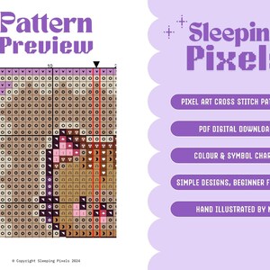 May include: A pixel art cross stitch pattern preview of a brown and pink sleeping animal. The pattern is available as a digital download and includes color and symbol charts. The text "Sleeping Pixels" is in the upper right corner of the image.