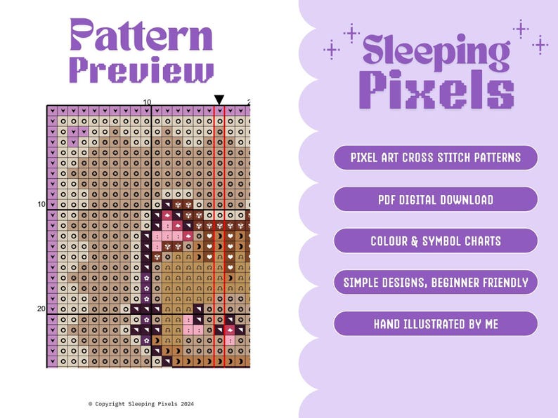 May include: A pixel art cross stitch pattern preview of a brown and pink sleeping animal. The pattern is available as a digital download and includes color and symbol charts. The text "Sleeping Pixels" is in the upper right corner of the image.