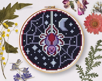 Spider Night Cross Stitch Pattern, Halloween Spooky Art (PDF Pattern)