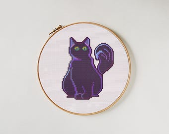Witchy Black Cat Cross Stitch Pattern, Halloween Kitty (PDF Pattern)