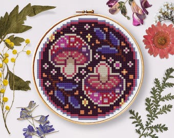 Foraging Mushrooms Cross Stitch Pattern, Pixel Art (PDF Pattern)