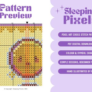 May include: A pixel art cross stitch pattern preview of a yellow and brown design. The pattern is labeled "Pattern Preview" and is from "Sleeping Pixels". The text "PIXEL ART CROSS STITCH PATTERNS", "PDF DIGITAL DOWNLOAD", "COLOUR & SYMBOL CHARTS", "SIMPLE DESIGNS, BEGINNER FRIENDLY", and "HAND ILLUSTRATED BY ME" is displayed on purple buttons.