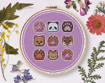 Animal Paws Cross Stitch Pattern, Kawaii Pixel Art (PDF Pattern)