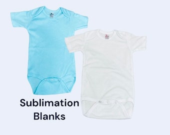May include: Two blank baby onesies, one light blue and one white, ready for sublimation printing.  Sublimation Blanks.