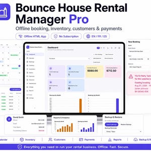Puede incluir: Interfaz del software Bounce House Rental Manager Pro en una pantalla, con un panel de control para gestionar reservas, inventario, clientes y pagos. Incluye vistas de calendario, gráficos de ingresos y formularios con etiquetas de texto.