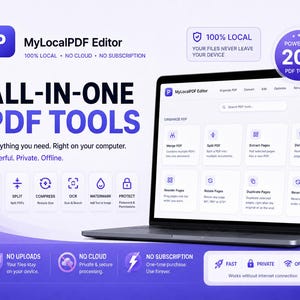 Peut inclure: Un ordinateur portable affichant l'interface de MyLocalPDF Editor, présentant une suite d'outils pour fusionner, diviser, compresser et protéger des fichiers PDF. Le logiciel met en avant le traitement local, sans cloud ni abonnement.