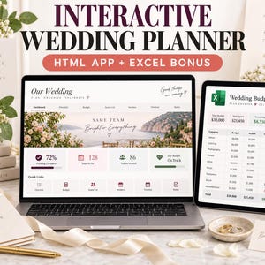 Puede incluir: Un planificador de bodas interactivo en la pantalla de una computadora portátil y una tableta. La computadora muestra un panel de control, mientras que la tableta muestra una hoja de presupuesto en Excel. El texto dice INTERACTIVE WEDDING PLANNER.