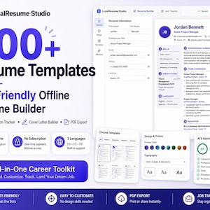 Peut inclure: Une interface numérique pour LocalResume Studio, proposant plus de 500 modèles de CV et un générateur de CV hors ligne compatible ATS. L'affichage inclut un suivi de candidature, un générateur de lettre de motivation et un score ATS.