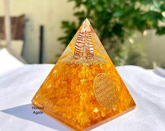 Citrine Orgonite Pyramid: Lubian Shape, Manifestation Crystal [75 MM]