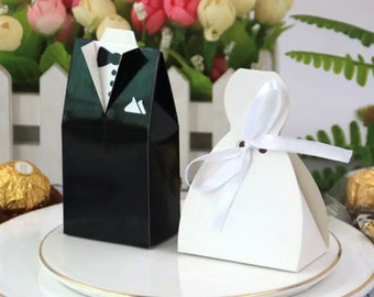 Bride Groom Wedding Party Favour Gift Box Bag. White Wedding Dress with Chiffon Ribbon or Black Tie Suit Option, Flat Pack and Easy DIY