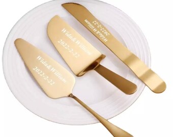 Personalised wedding cake cutter set Custom engraved pie cutting gift for couple Gold forks knife cutter slicer server Anniversary keepsake