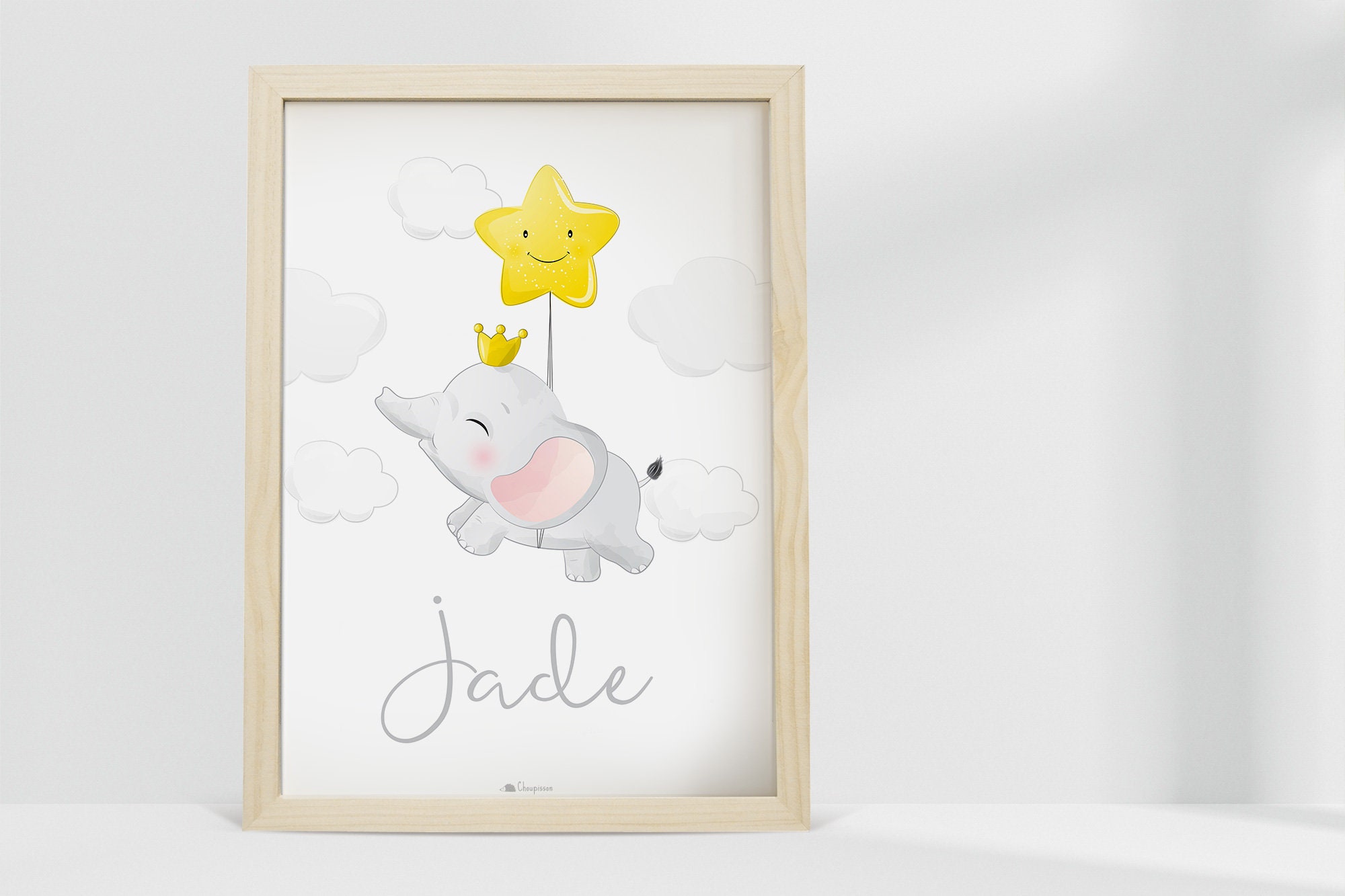 Cadeau de Naissance Personnalisable Éléphant Étoile, Cadre Personnalisé avec Prénom Du Bébé, Déco An