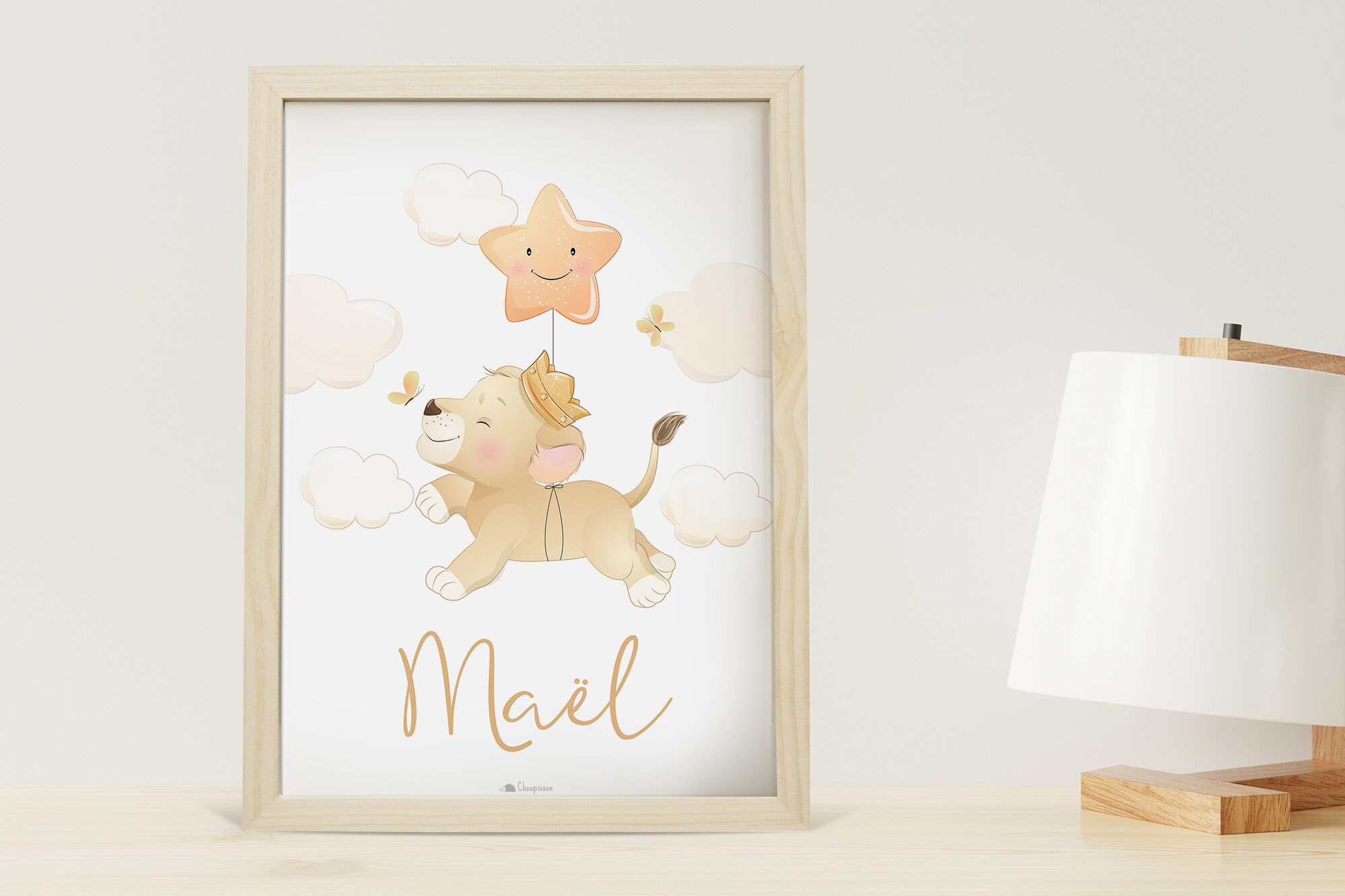 Cadeau de Naissance Personnalisable Bébé Lion, Cadre Personnalisé avec Prénom Du Bébé, Déco Safari A