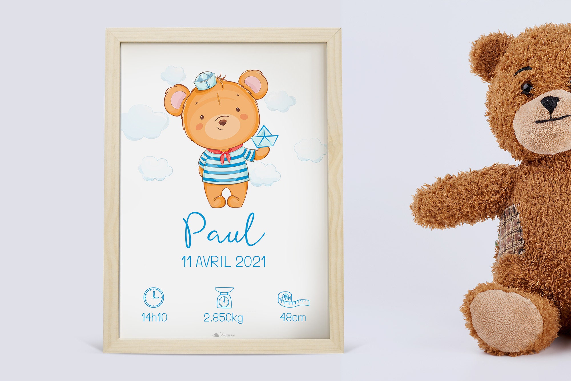 Cadeau de Naissance Personnalisable, Ourson Peluche, Cadre Personnalisé avec Prénom et Poids Du Bébé