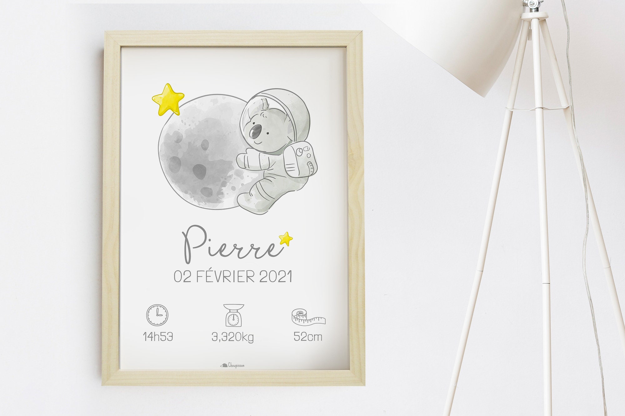 Cadeau de Naissance Personnalisable, Koala Dans L'espace sur La Lune, Cadre Personnalisé avec Prénom