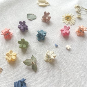 May include: A collection of small, matte-finish hair clips shaped like five-petaled flowers in various pastel colours including pink, purple, blue, green, yellow, and cream, each featuring a metal spring mechanism for securing hair strands.