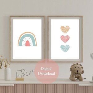 Rainbow and Hearts Nursery Digital Print - Instant Download - Girl&#39;s Room Decor - Playroom Wall Decor - Digital Prints - Rainbow - Hearts