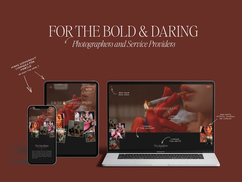 Op de afbeelding: Een website-ontwerptemplate voor fotografen en dienstverleners. De template heeft een donkere achtergrond met een collage van afbeeldingen en de tekst "For the badass kind of love".
