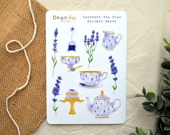 Lavender Tea Time | Mini A6 Sticker Sheet | Bujo Stickers | Journaling Stickers | Planner Stickers | Floral Aesthetic | Vintage Tea Party